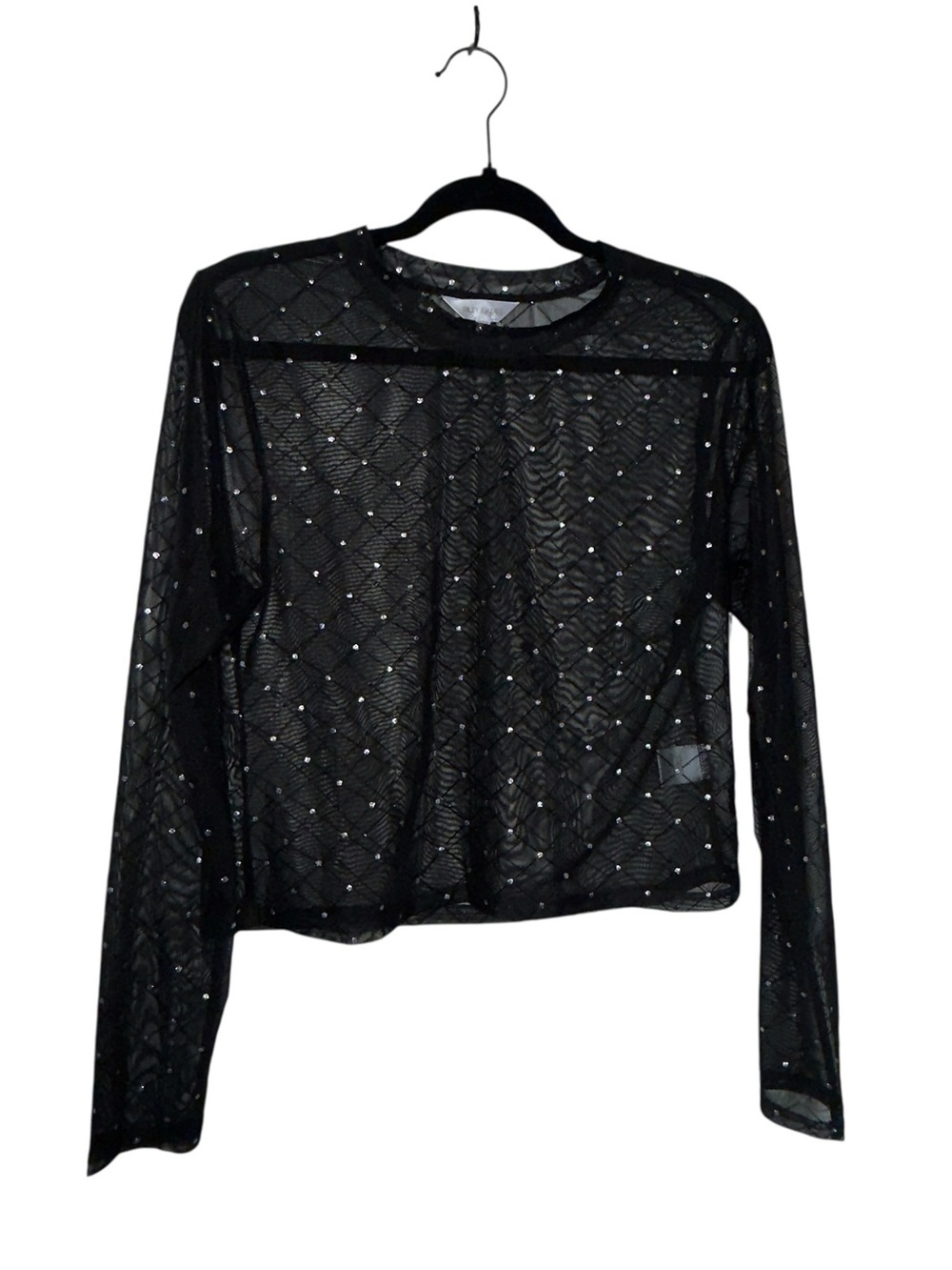 Black Sheer Long-Sleeve Rhinestone Mesh Tee